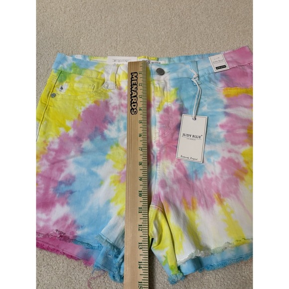 Judy Blue Womens L Tie Dye Denim Shorts Stretch NWT Blue Green Yellow Pink - Picture 3 of 7
